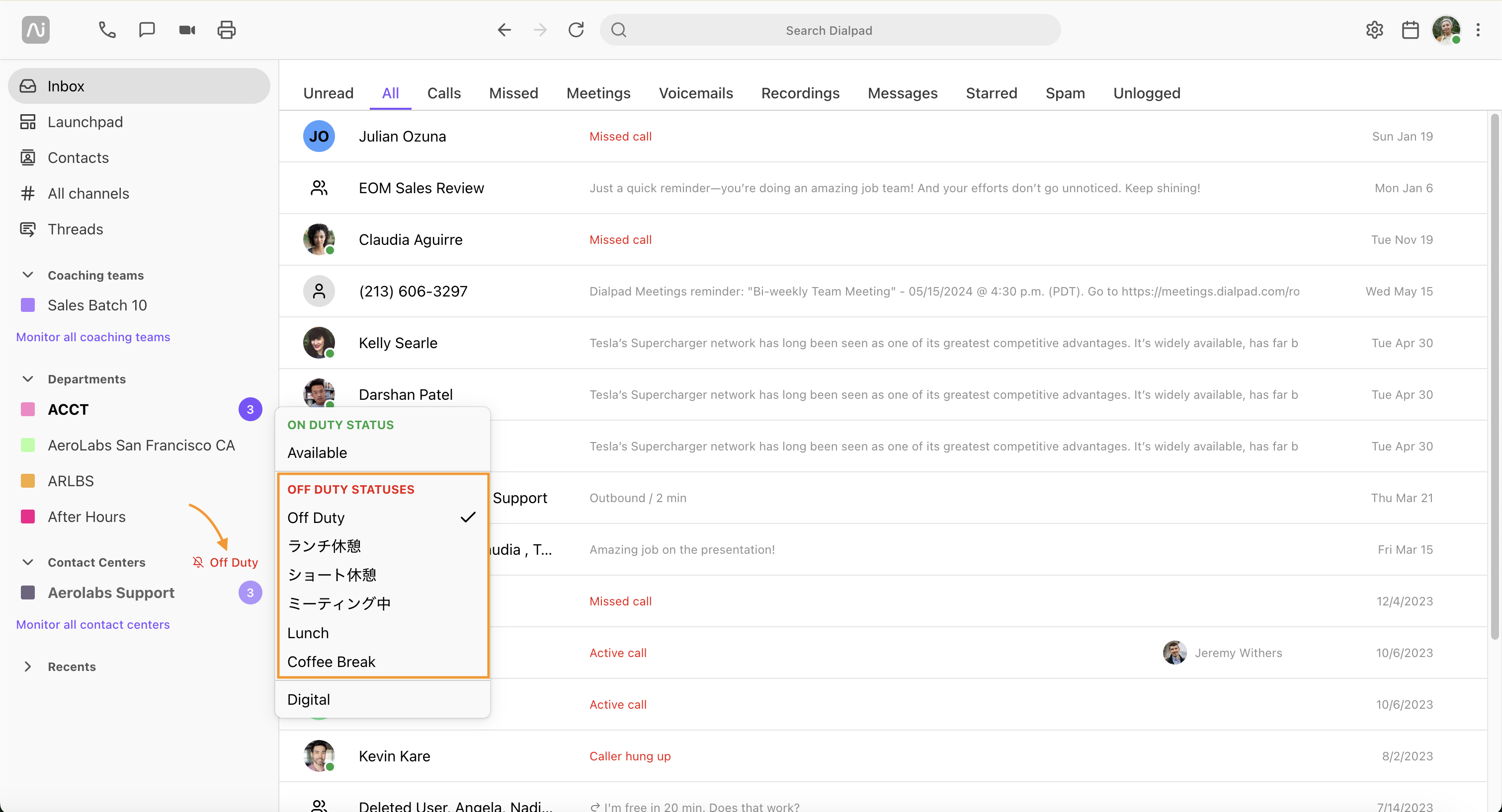 User interface showing contact statuses and how to change a status to one created as a custom status